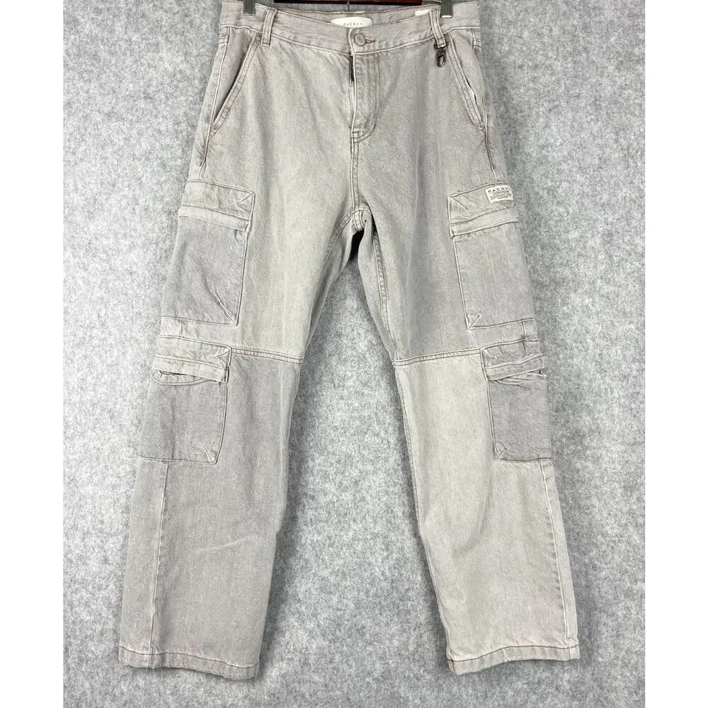 Pacsun Baggy Cargo Jeans Mens 30x30 Gray Denim Pants Zip Pockets Skater Hip Hop‎
